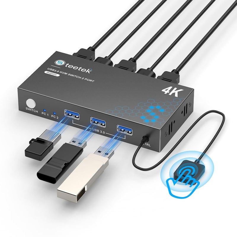 USB 3.0 HDMI KVM Switch for 2 Computers 1 Monitor, 4K@60Hz, Share Keyboard Mouse Printer, EDID, Remote Switch, USB Cables Included